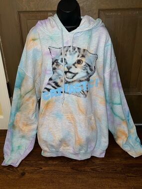 Cat-Tastic Retro Nostalgia Gray Tie Dye Graphic Long Sleeve Hoodie Size XL